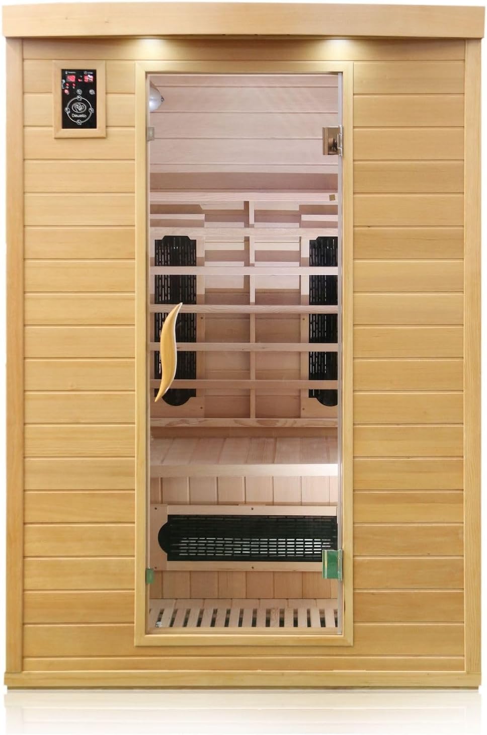Dewello® Infrarotkabine Infrarotsauna Laval Plus 135cm x 105cm für 1-2 Personen aus Hemlock Tannenholz mit Keramikstrahlern, LED-Farblicht, Bluetooth, FM,MP3,USB