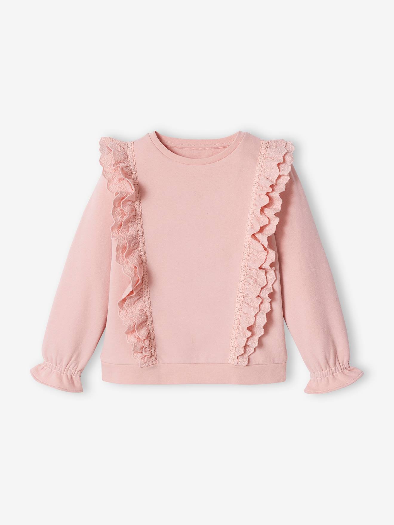 Blusa de moletom rosa claro com flores bordadas e babados para meninas.