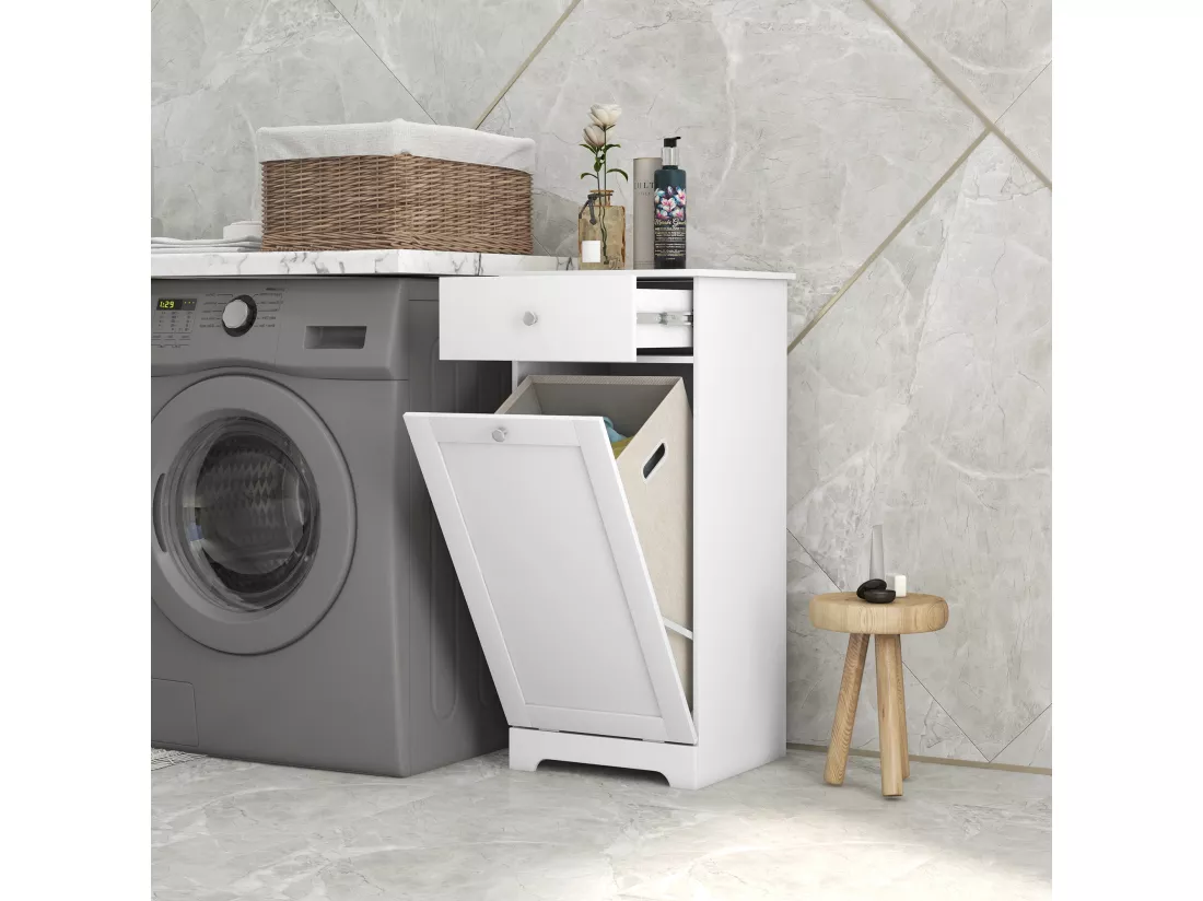 Meuble de salle de bain avec panier à linge, meuble de rangement avec tiroir - 40L x 40l x 90,5H cm - blanc