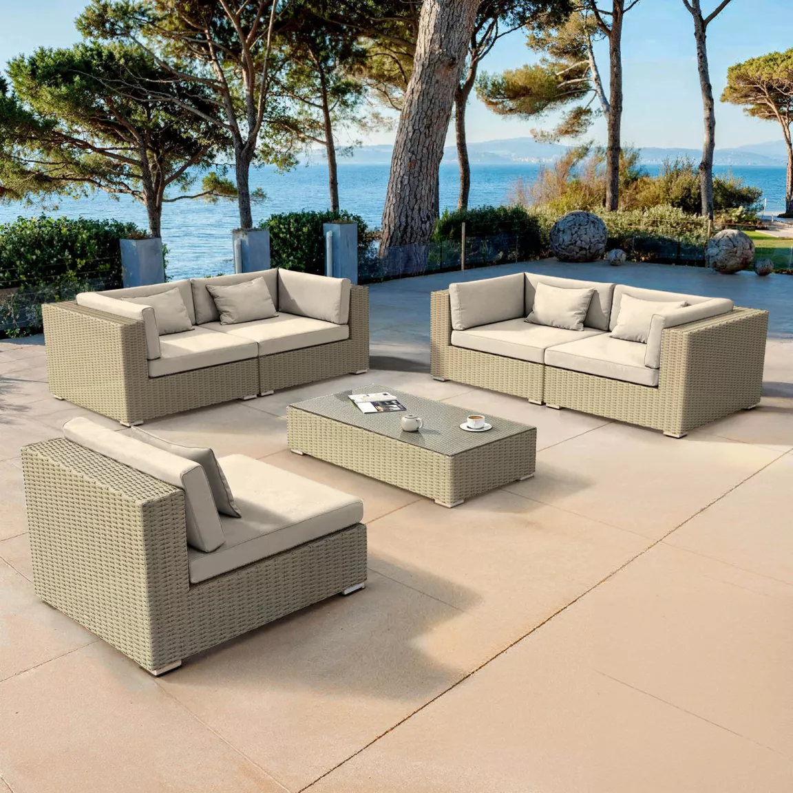 Salon de jardin en résine tressée 5 places 6 pcs Palma Gris et beige