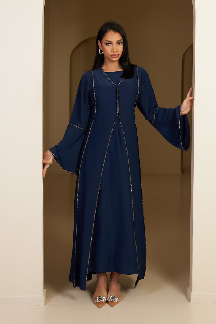 Ensemble 2 pièces abaya + gilet à enfiler bleu foncé et doré