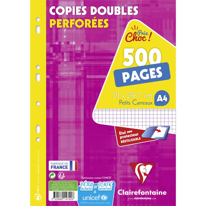 Copies doubles 500 pages petits carreaux A4 21 x 29,7 cm Métric Clairefontaine - perforées