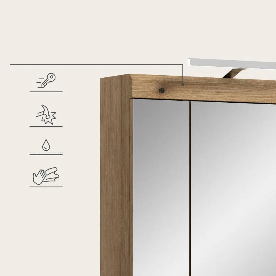 Hioshop Scout spiegelkast inclusief verlichting 3 spiegeldeuren eiken decor