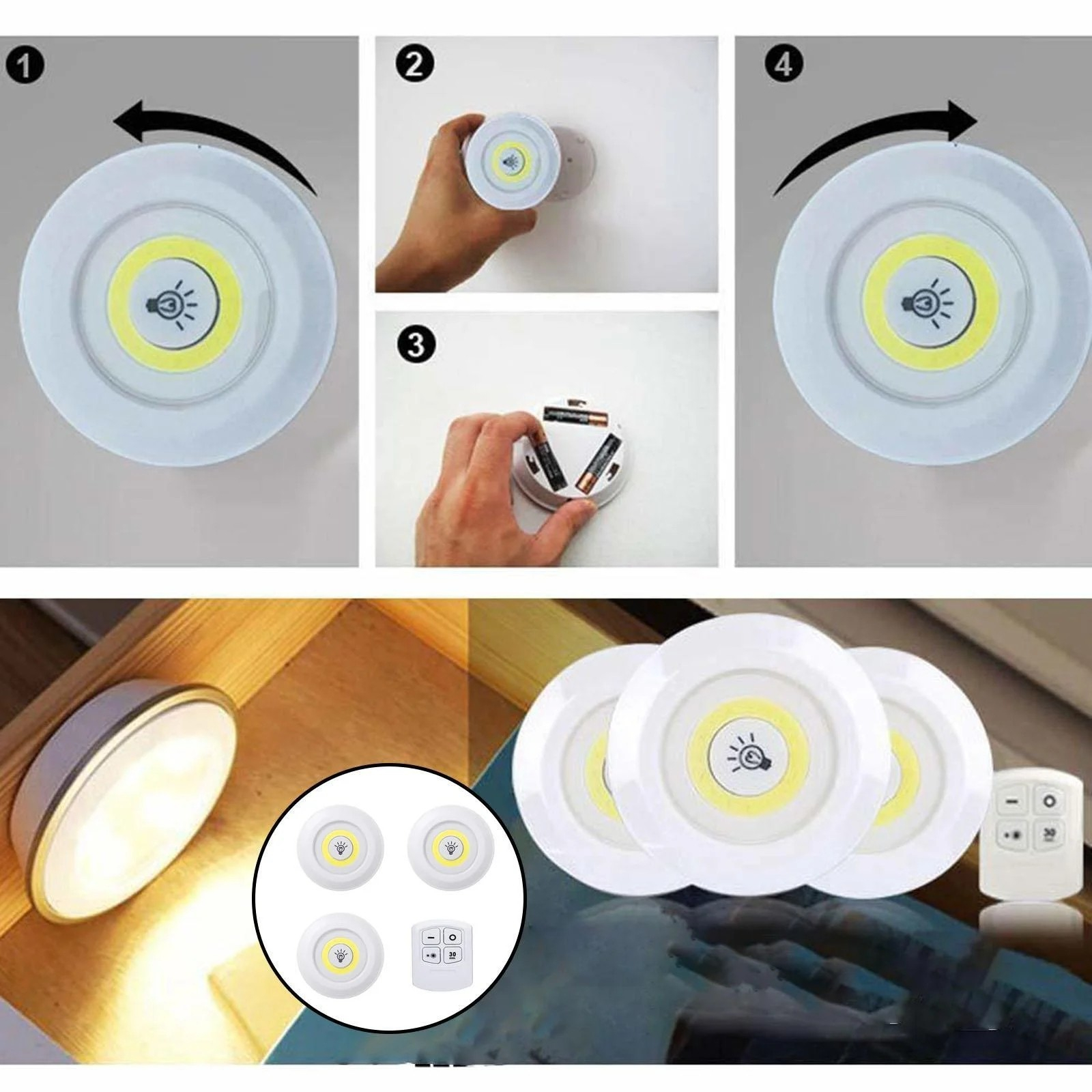 (3er Set) Ø9cm 16 LED’s Leuchte Schrank Beleuchtung Selbstklebendes Nachtlicht mit Fernbedienung (Batteriebetrieben) - Warmweiss