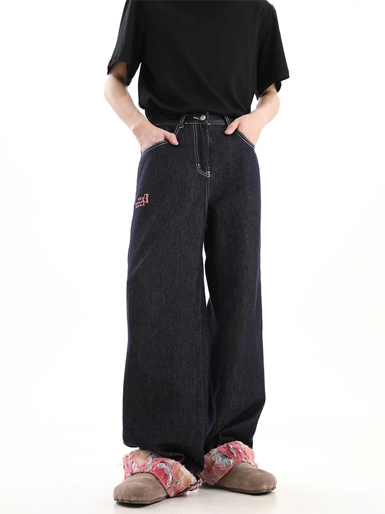 Zentrus - Rechte jeans met middelhoge taille en geborduurde letters / Rechte broek met rechte pijpen en cropped pijpen