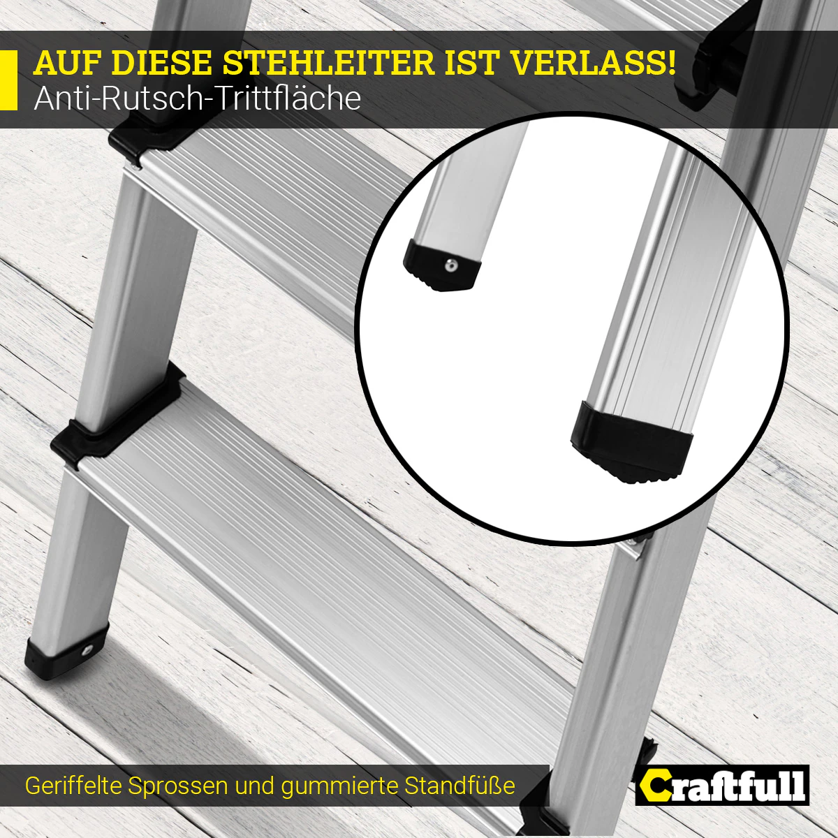 Craftfull Stehleiter CF-133B, Aluminium-Haushaltsleiter, Ablagefläche, Gummi-Standfüße, 3-6 Stufen (3 Stufen)