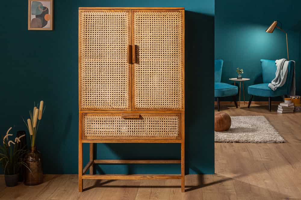 Massives Highboard BAMBOO LOUNGE 140cm Mangoholz Bambus mit Wiener Geflecht