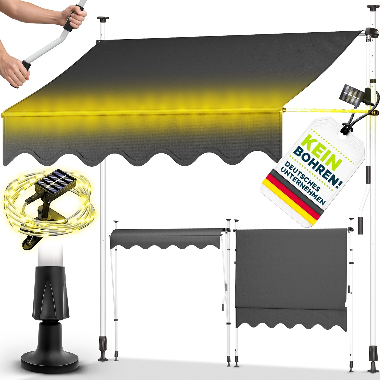 tillvex Klemmmarkise mit Handkurbel & LED Lichterkette Balkon | Balkonmarkise ohne Bohren | Markise UV-beständig & höhenverstellbar | Sonnenschutz Terrasse & Garten wasserdicht (Grau, 300cm)