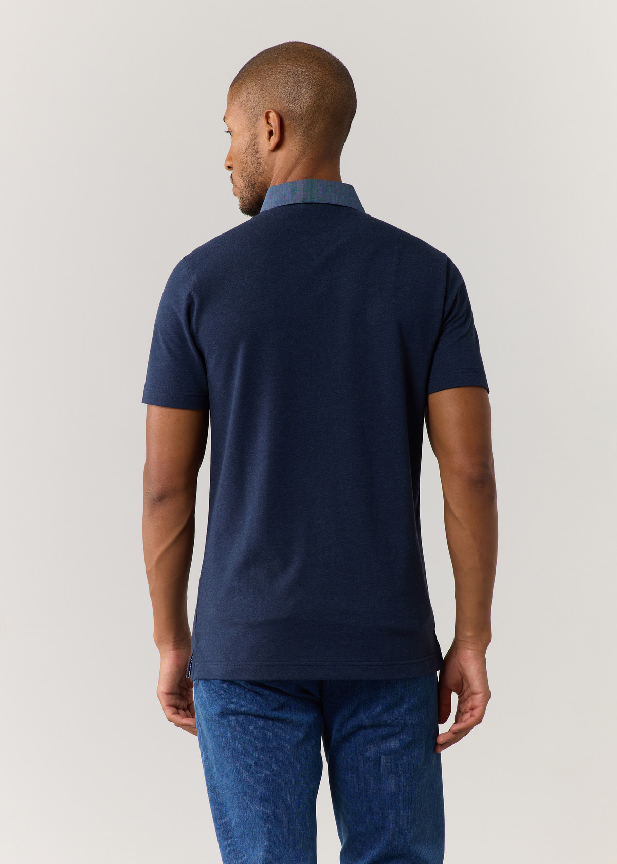 Polo manches courtes Slim en coton mélangé uni bleu jeans