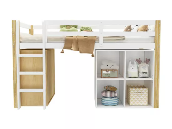 Lit mezzanine pour enfant 90x200 cm - avec meuble de rangement et étagères - Blanc (sans matelas)