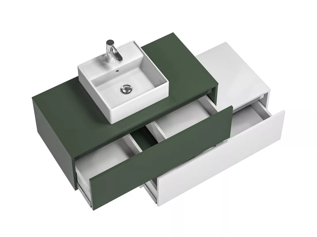 Meuble de salle de bain suspendu vert et blanc avec simple vasque carrée et deux tiroirs - 94 cm - TEANA II