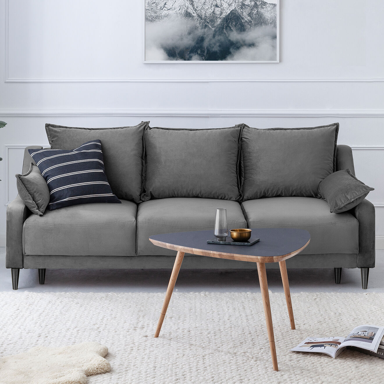 Mazzini Sofas Canapé Convertible avec Coffre en Velours Freesia gris clair - 215x94x90 cm