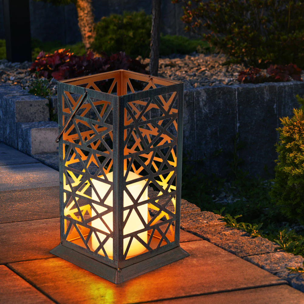 2x LED Feuereffekt Solarleuchte, rost-grün, Höhe 27 cm