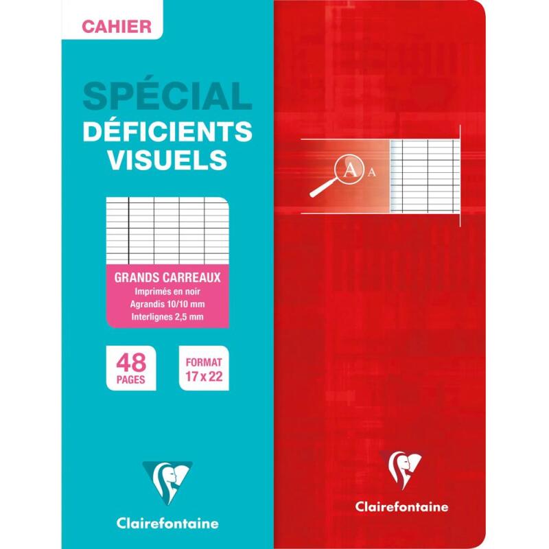 Cahier piqué déficients visuels 17x22 cm 48 pages grands carreaux 2 ,5mm agrandis 10x10 - Assortis