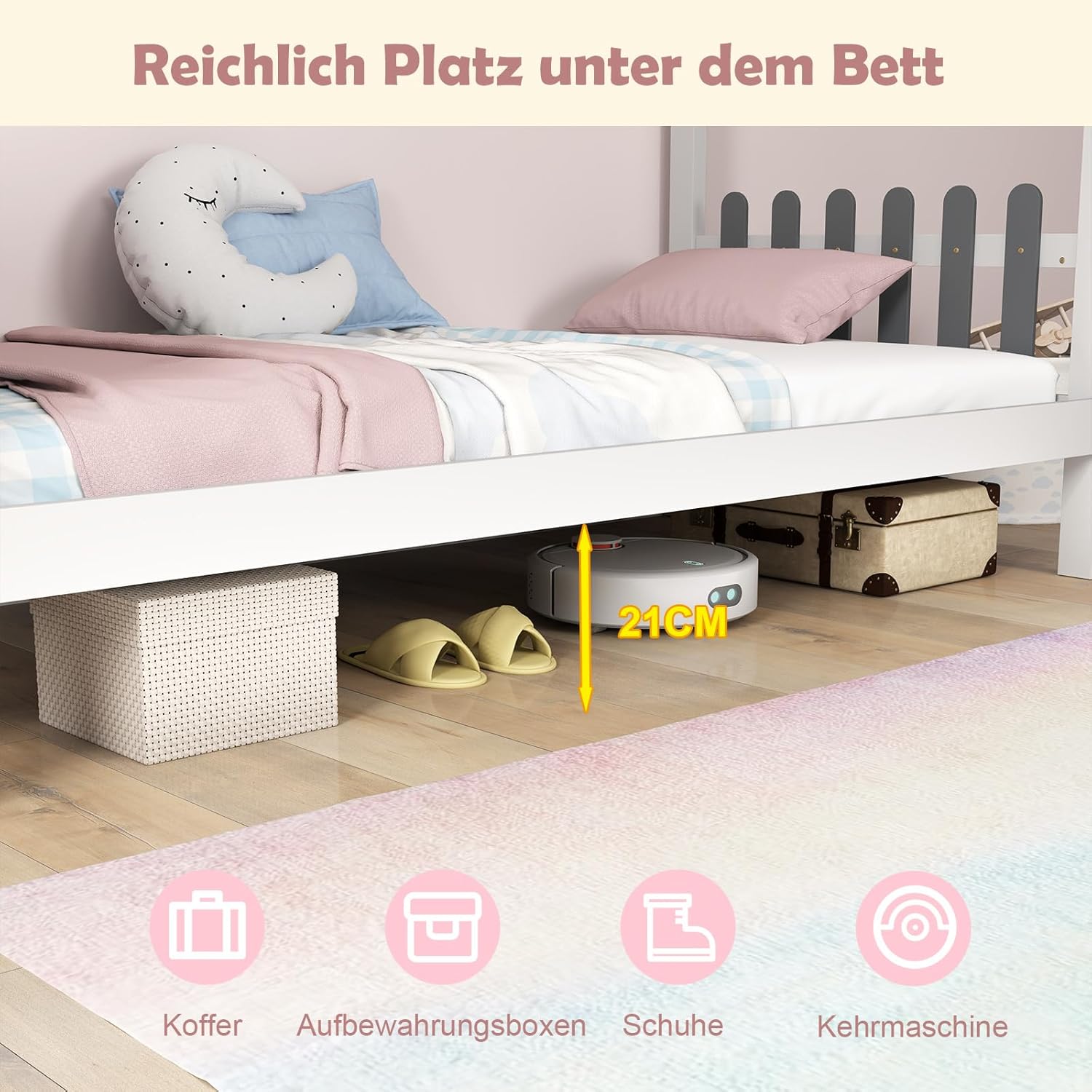 COSTWAY 90x200 cm Hausbett mit Rausfallschutz & Schreibtisch, Kinderbett mit Lattenrost, Schubladen und Haken, Jugendbett bis 150kg belastbar, Holzbett für Kinder, weiß