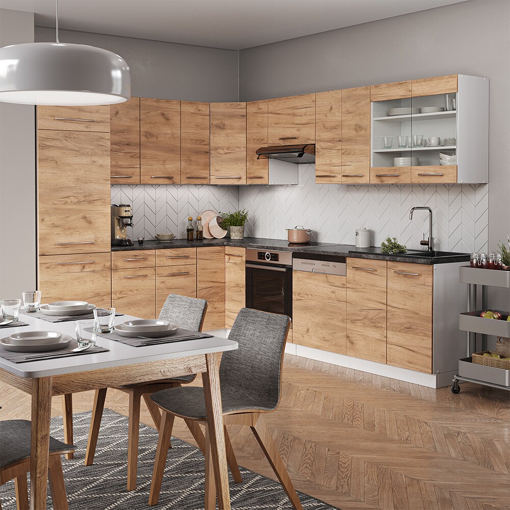 Vicco Eckküche Küchenzeile Einbauküche Fame-Line Weiß Eiche 227x287 cm modern Spülenunterschrank Schubunterschrank Eckunterschrank Herdumbauschrank Hängeschrank Kühlumbauschrank Hängeglasschrank