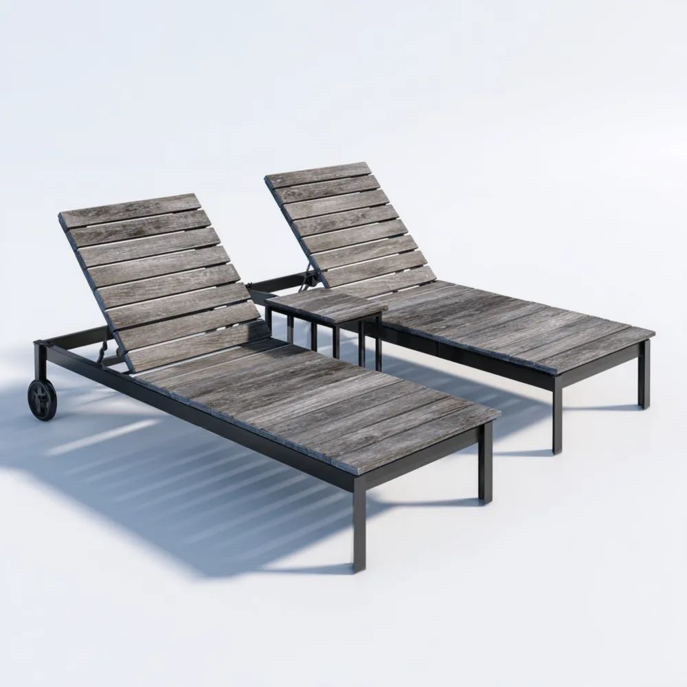Gartenliegen Set 200x65x40 cm mit Tisch 40x40x40 cm - Grau/Schwarz - M