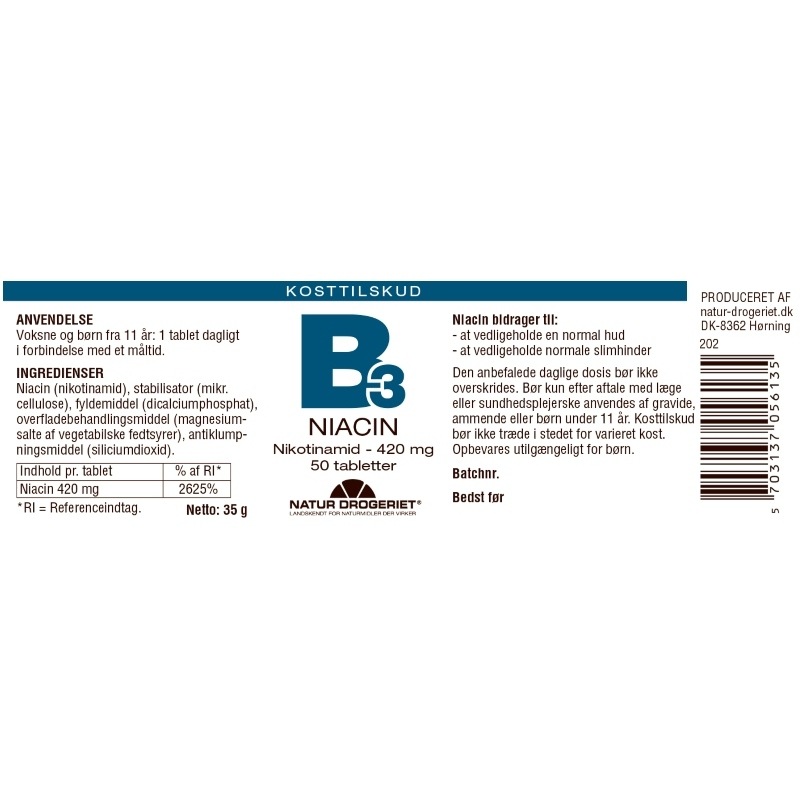 Natur Drogeriet B3 Niacin 420 mg 50 Pieces