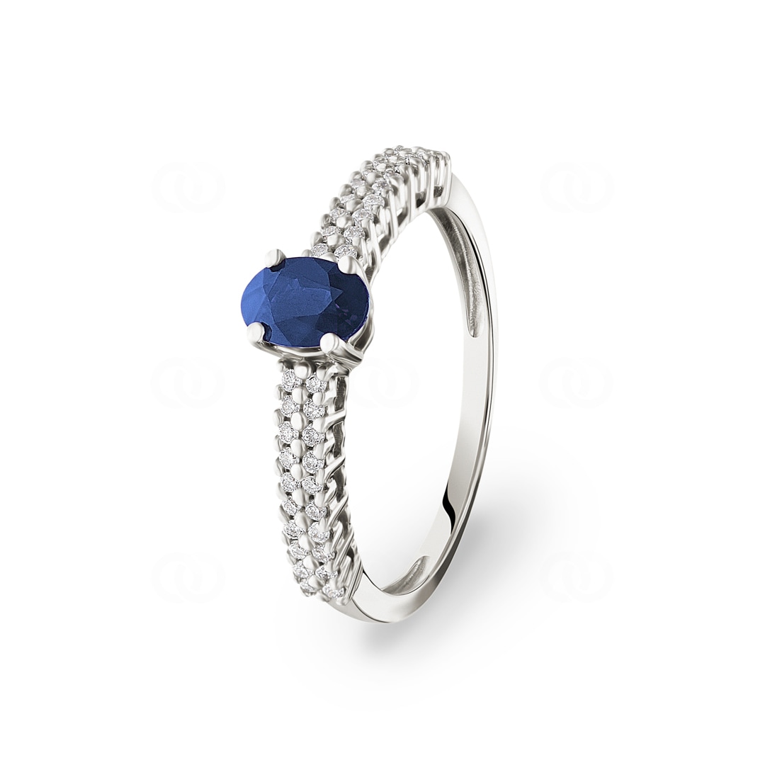 Damenring 750/18 K Weissgold mit Saphir oval und Diamanten 0.16 ct H/si