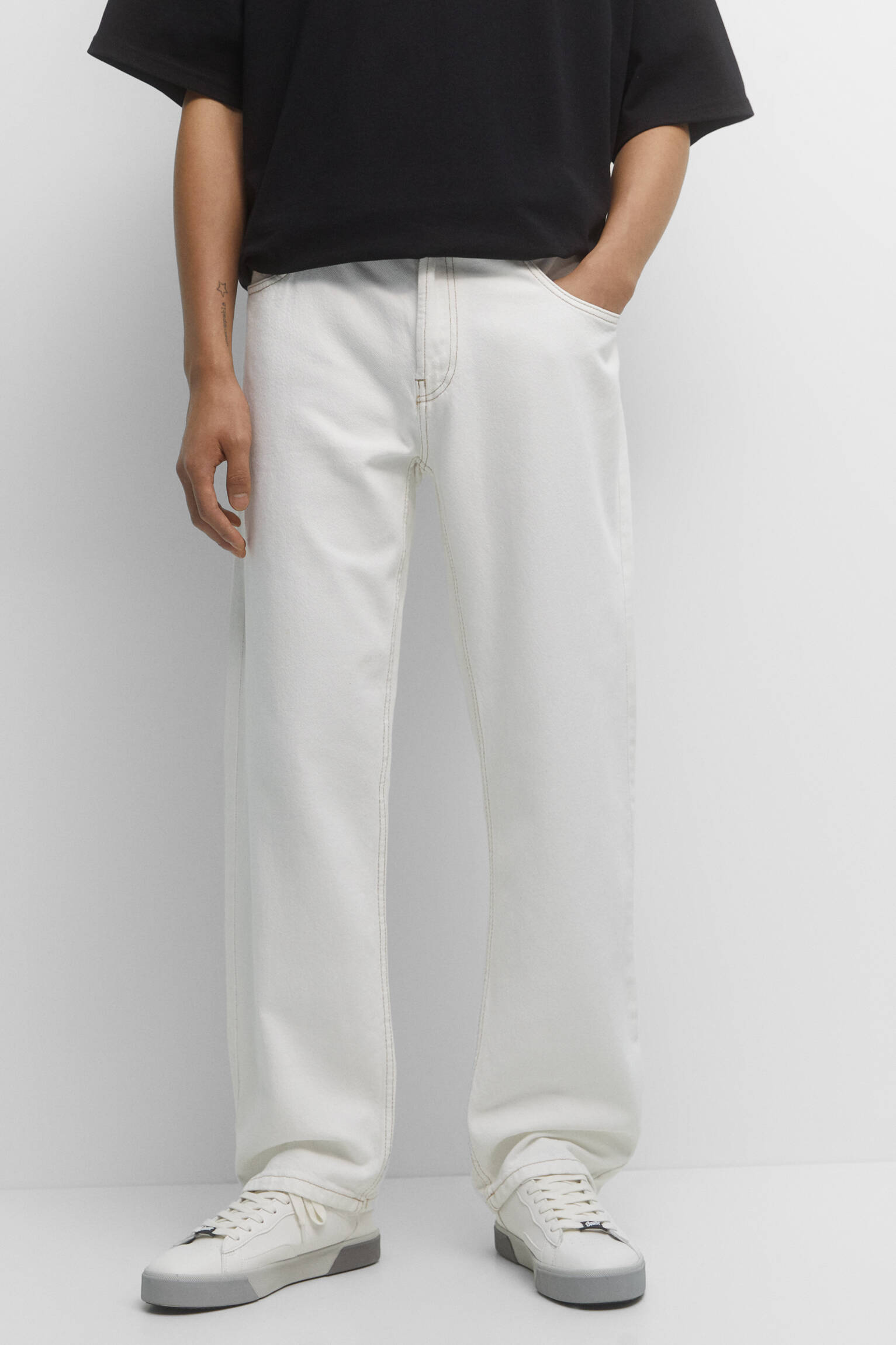 CALÇA JEANS DE ALGODÃO DE PERNA LARGA - BRANCA