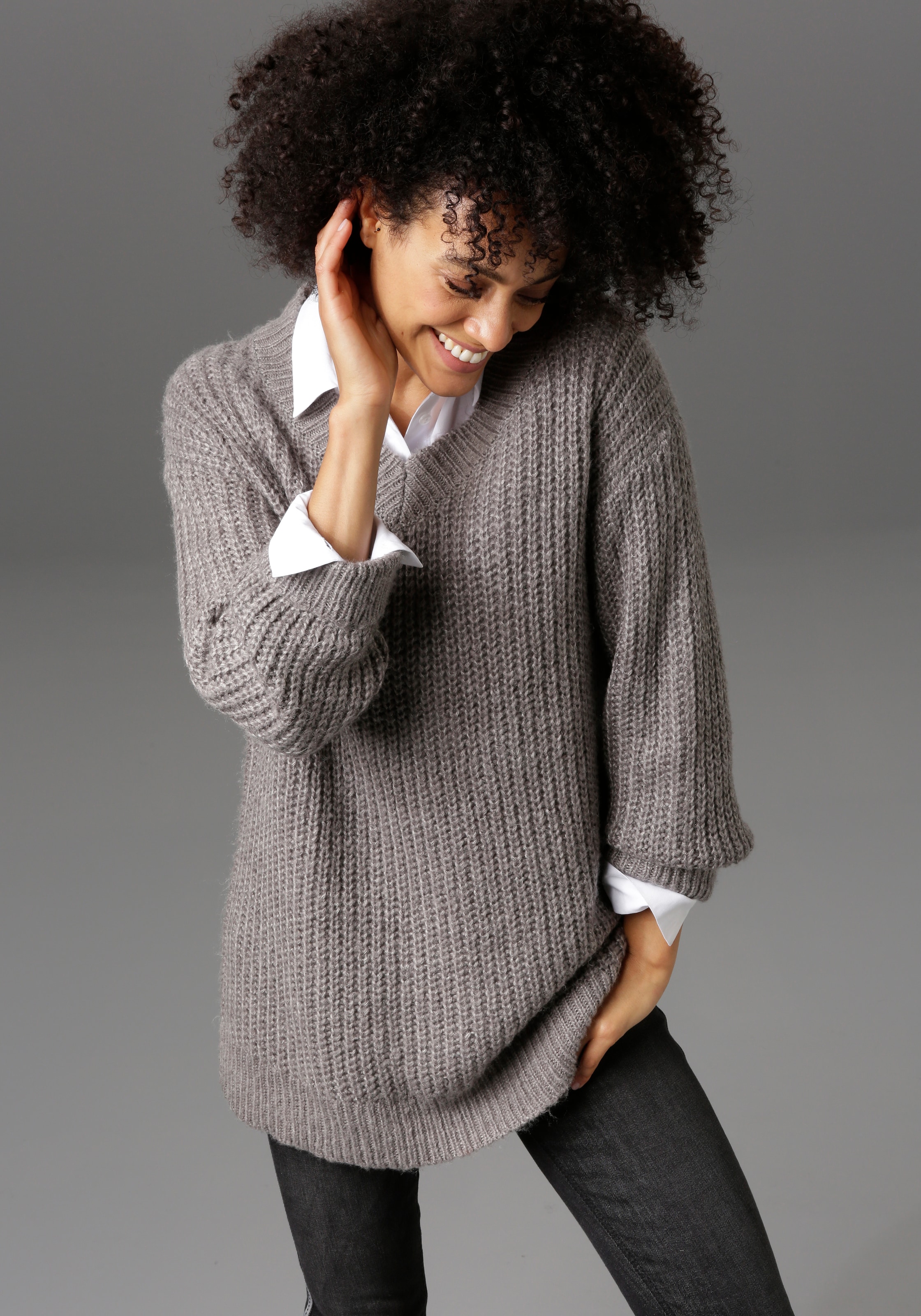 Aniston CASUAL Longpullover , mit fixierten Umschlag an den langen Ärmeln