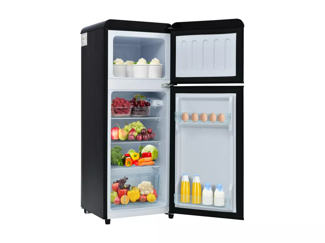 Réfrigérateur-congélateur combiné, 105,5 cm de hauteur, 41 cm de largeur, avec un volume total de 92 litres, un volume de congélateur de 28 litres. 181 kWh/an, -27°C 13°C, éclairage LED, (noir）