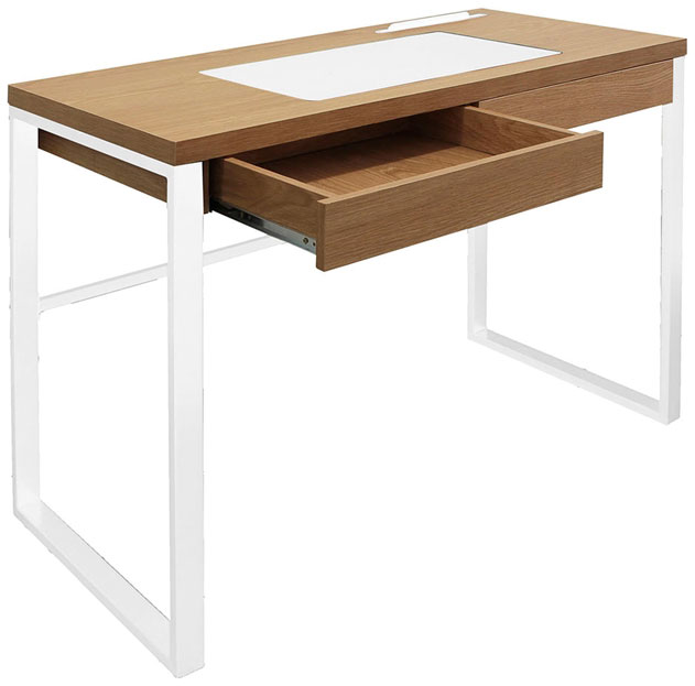 3S. x Home Bureau à 2 Tiroirs en Bois Marron et Métal Blanc LOIK