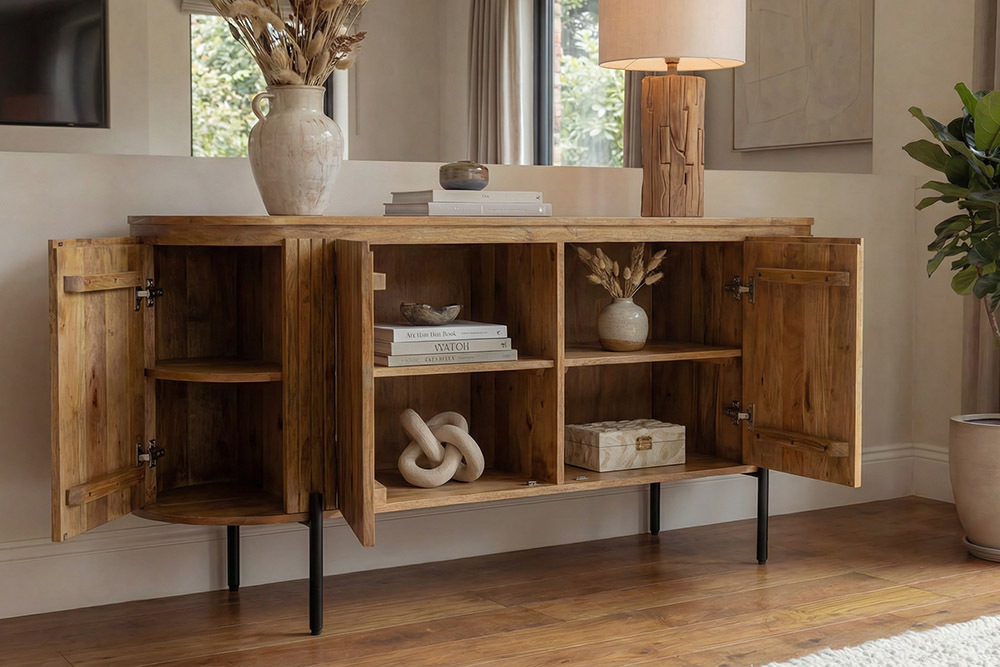 Massives Sideboard GATSBY 160cm natur Mangoholz schwarz Metall mit Lamellenfront