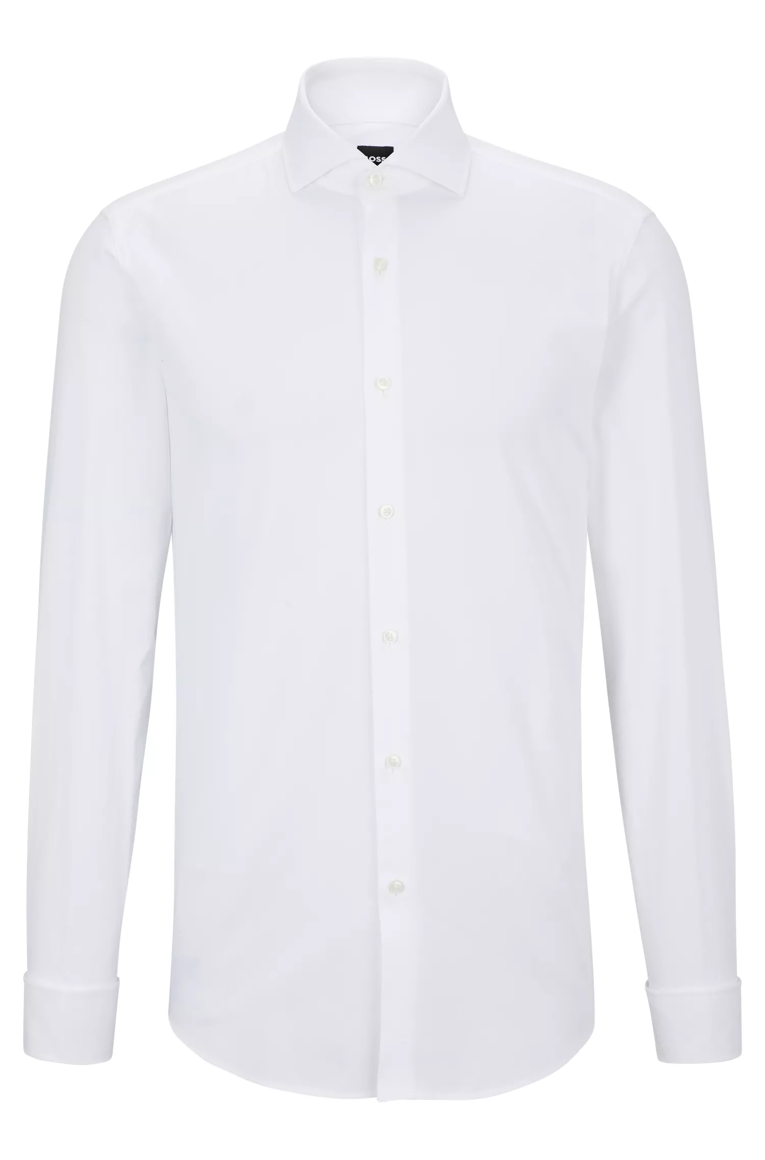 Camisa BOSS preta de corte slim em algodão estruturado com elastano.