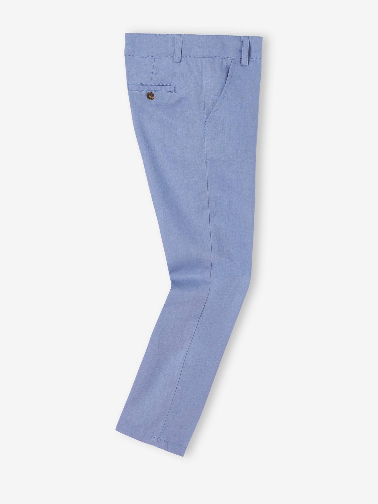 Calças chino lisas em algodão e linho bege claro para meninos, com estampas.