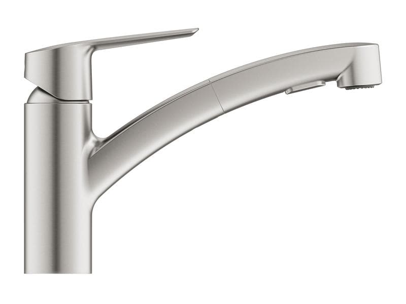 GROHE Küchenarmatur Start 1/2″, Supersteel, herausziehbar Einhand-Spültischbatterie mit herausziehbarer Dual Spülbrause und niedrigem Auslauf