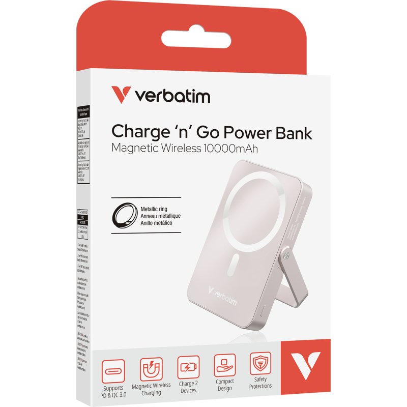 Verbatim Charge 'n' Go Magnetic Wireless Lithium Polymère (LiPo) 10000 mAh Recharge sans fil Rose