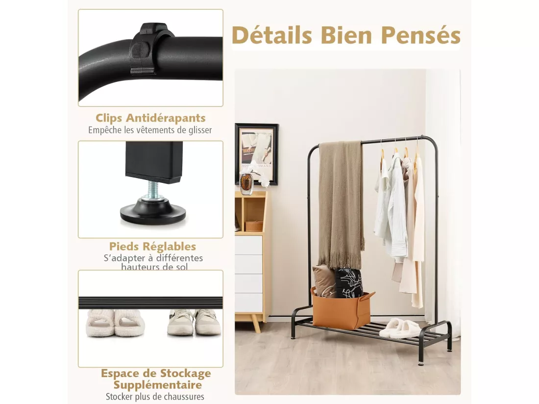 Portant à Vêtement avec Étagère de Chaussures, Penderie Vêtement Hauteur 145CM, Tube en Fer, 4 Pieds Réglables, Portique Vêtement pour Chambre, Salon, Noir