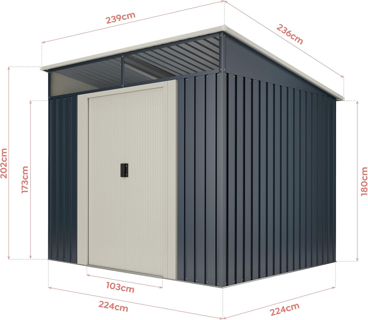 Wasabi - Gartenhaus Metall 5,6m2 Stark – 239x236x203cm - Oberlicht - Doppelte Schiebetür – Anthrazitgrau – Geräteschuppen XL – Gerätehaus Outdoor Wetterfest