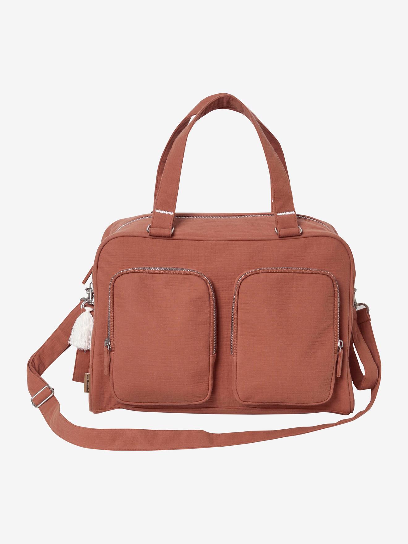 Bolsa de maternidade familiar tamanho médio em chiffon de algodão liso marrom com vários bolsos