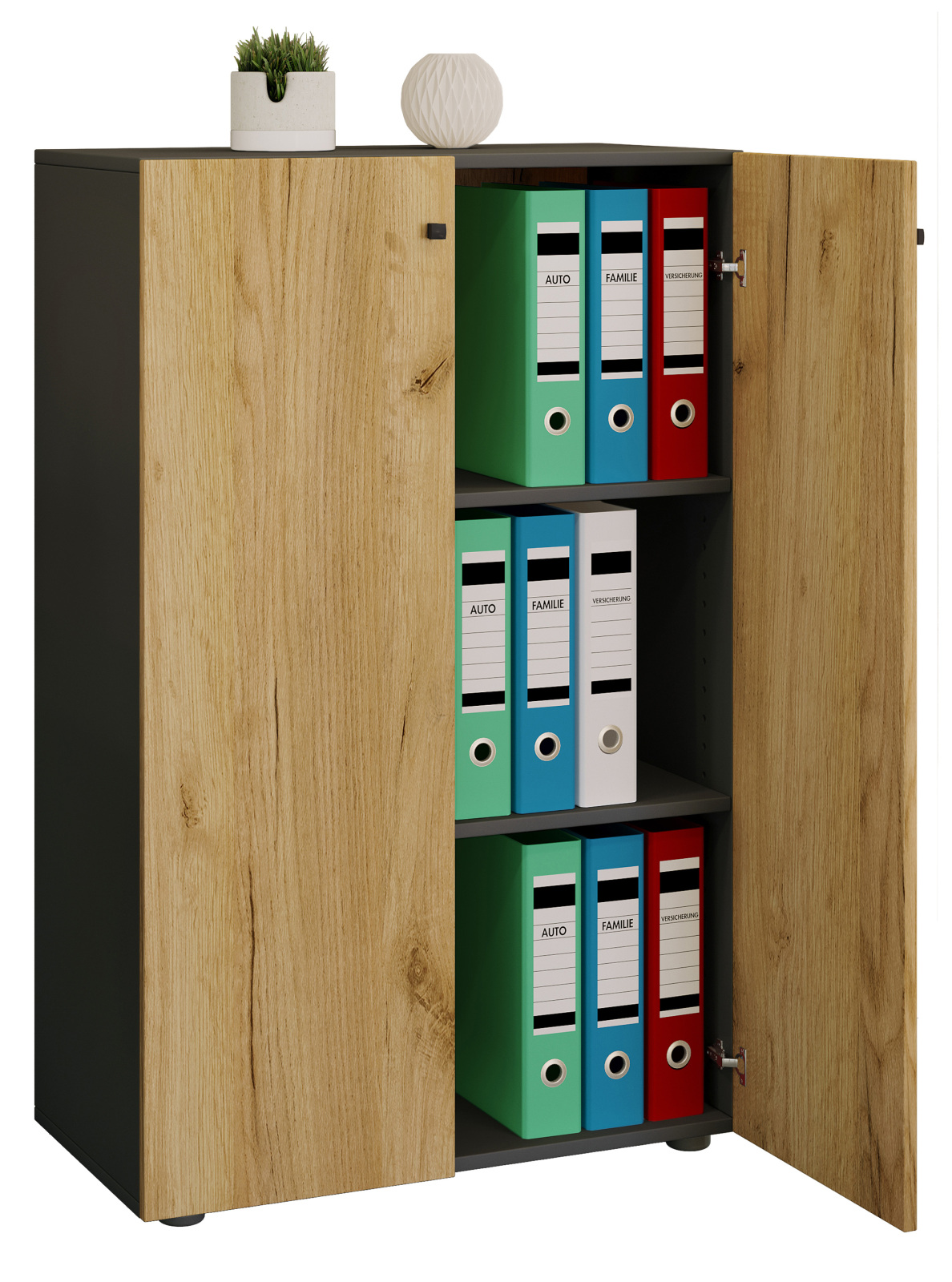 Büroschrank LONA XL - Honig Eiche - anthrazit - mit Drehtüren - 110 cm hoch