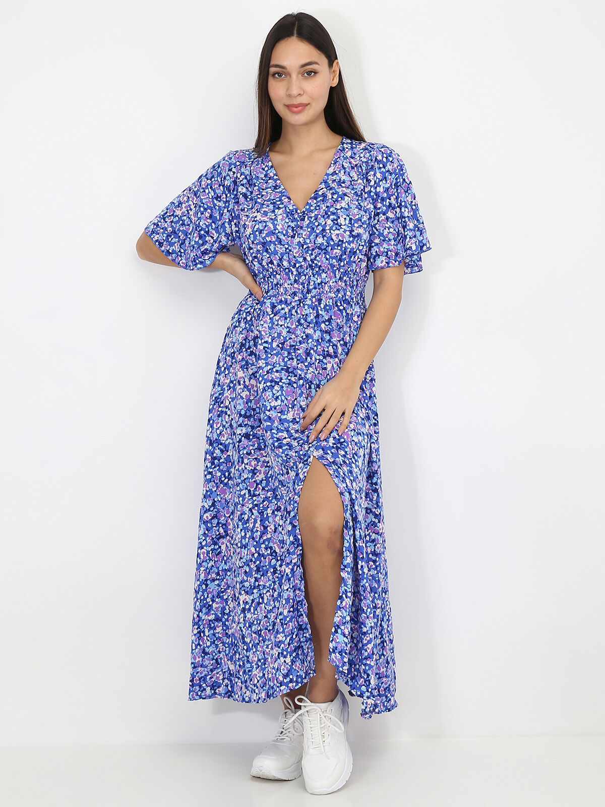 Robe longue à motif tacheté- Bleu
