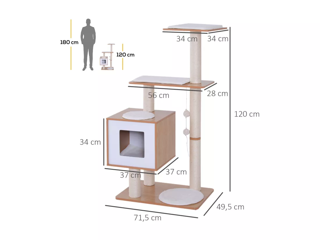 Arbre à chats design contemporain griffoirs grattoirs sisal naturel centre d'activités niche plate-formes jeu boules suspendues 71L x 49l x 120H cm MDF hêtre clair