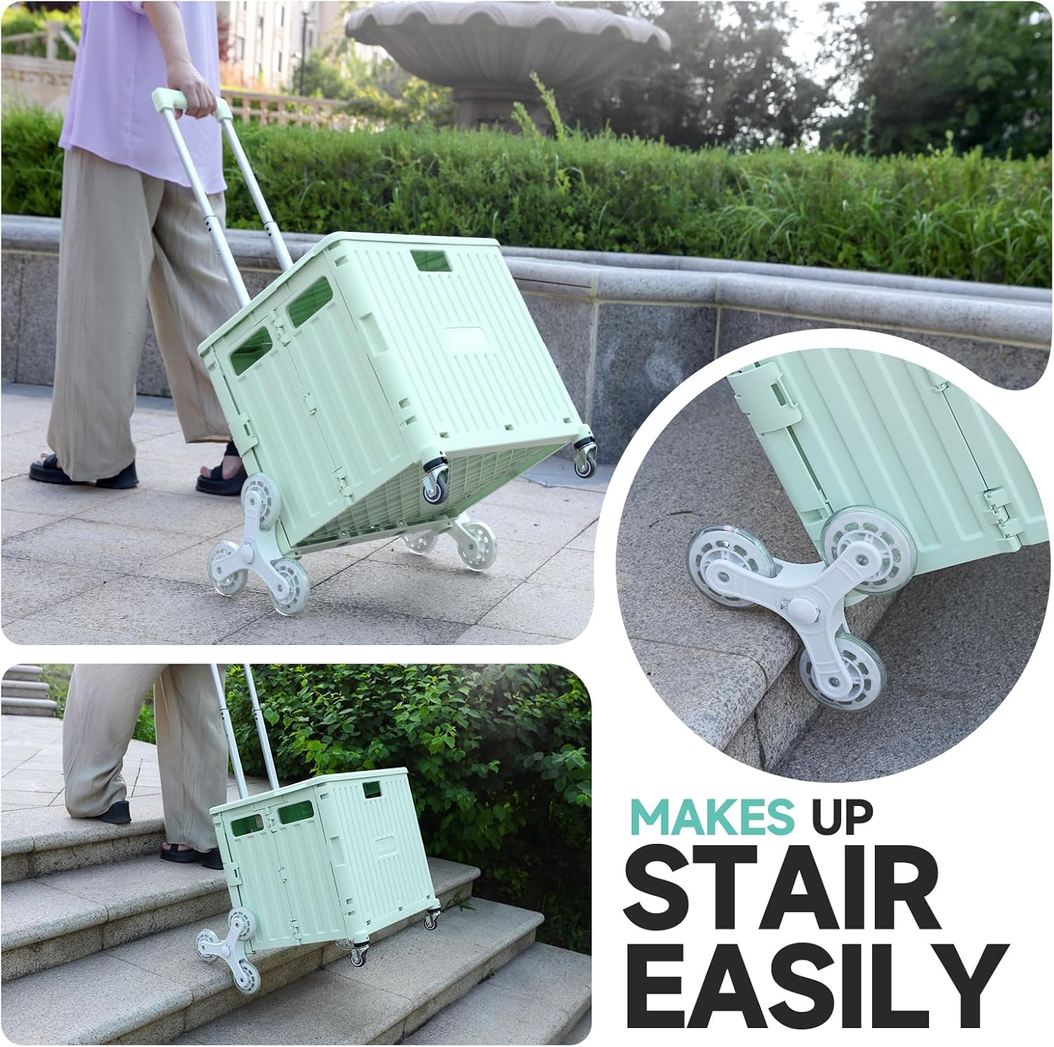 (42x37cm) Klappbarer Einkaufs Trolley Treppenwagen Transportbox Shopping Kiste Umzugswagen mit Rädern / Teleskop Griff - Mint