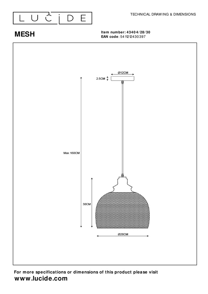 SHOWMODEL: Lucide Mesh hanglamp 28cm 1x E27 zwart
