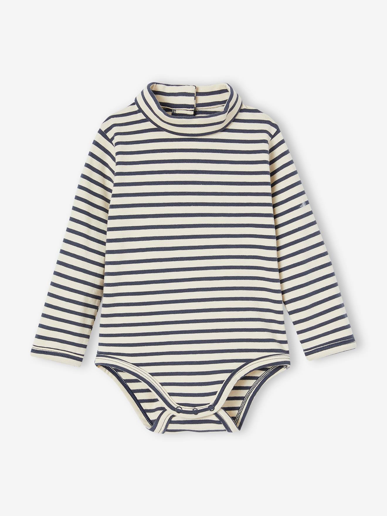 Conjunto com 2 bodies de bebê com gola alta, cor natural.