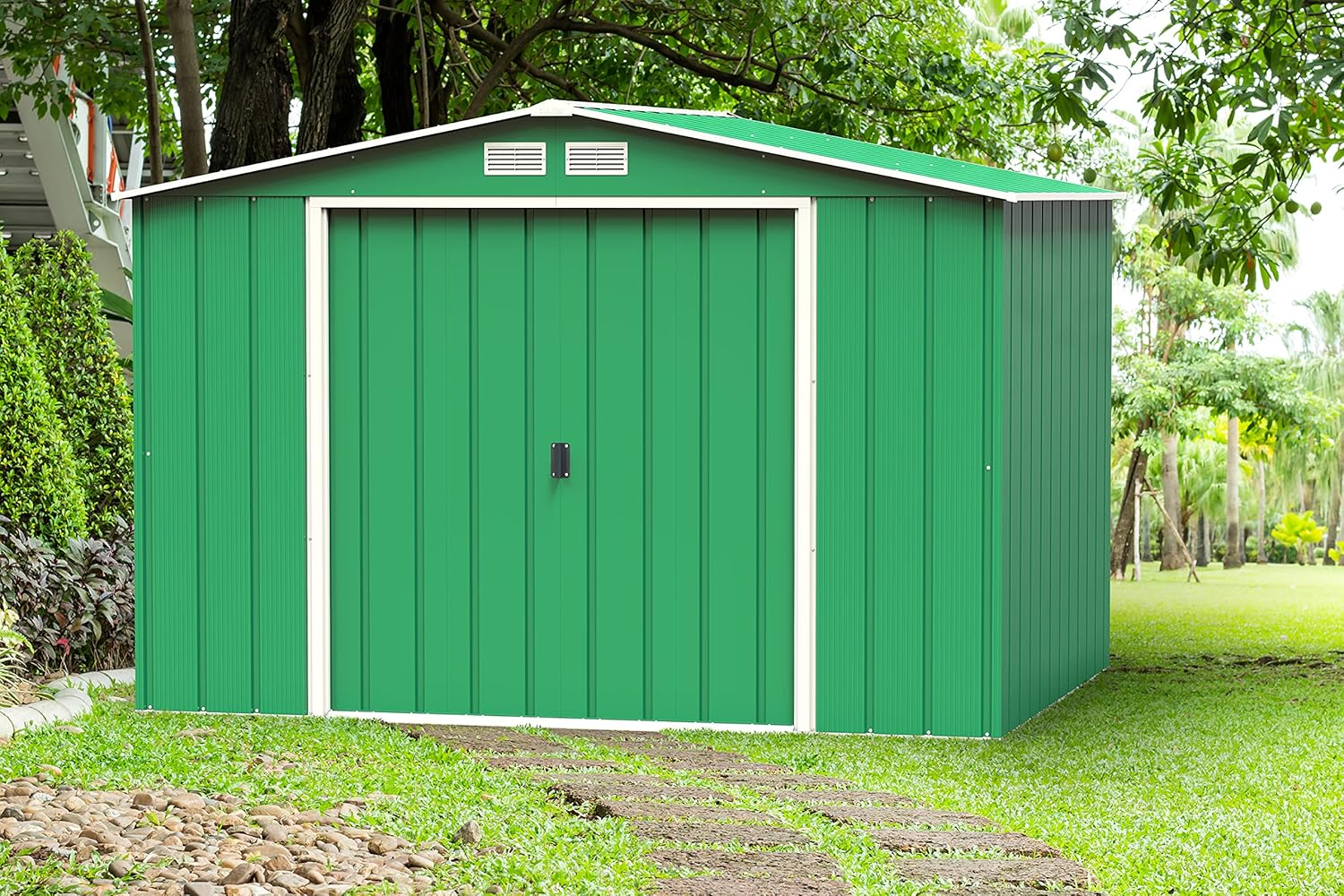 Duramax ECO 10 x 8 (7.28 m²) Abri de Jardin en Métal Galvanisé à Chaud, Abri de Stockage d'Outils, Structure de Toit Renforcée, Abri en Métal Sans Entretien, Vert
