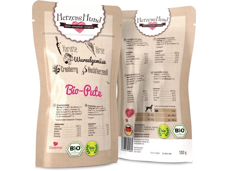 HerzensHund Nassfutter Bio-Pute mit Bio-Gemüse, 130 g Premium Bio-Ergänzungsfuttermittel für erwachsene Hunde