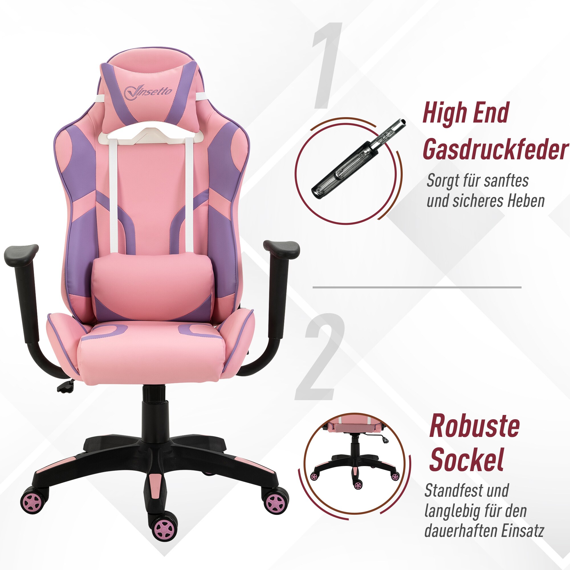Vinsetto Gamingstuhl ergonomisch rosa, violett 69 x 56 x (116-125,5) cm (BxTxH)