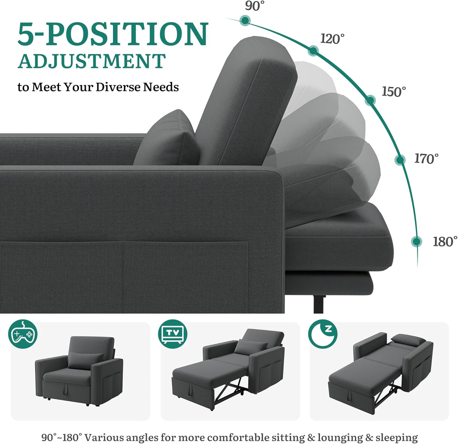 YITAHOME Schlafsessel mit Bettfunktion 192×88, 3-in-1 Ausziehbares Schlafsofa, Verstellbares Einzelsessel mit Kissen und Seitentasche, Sofa mit Schlaffunktion für Wohnzimmer Wohnung, Dunkelgrau