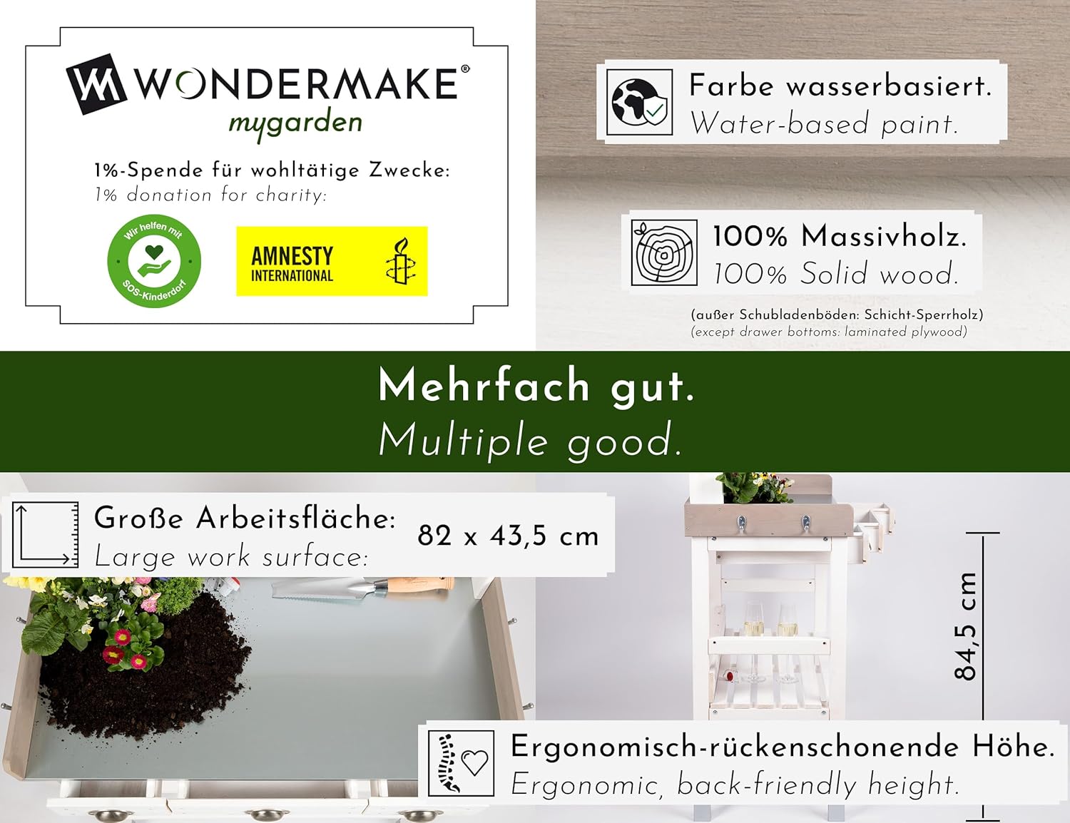 Großer Pflanztisch weiß mit 3 Schubladen aus Holz wetterfest, Garten-Arbeitstisch XL für Outdoor draußen Balkon hochwertig, Gärtnertisch, 85 x 45 x 130 cm, weiß grau