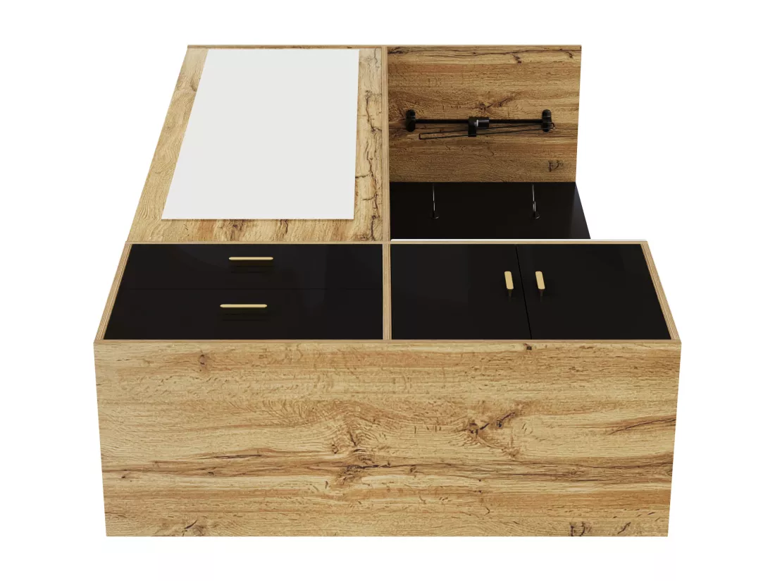 Armoir 100x38x108.1cm - Avec miroir - Avec meuble à chaussures - Avec crochets et cintres rétractables - Noir + Naturel