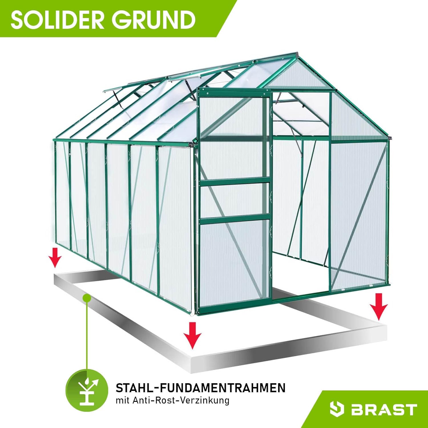 BRAST Gewächshaus Aluminium mit Fundament | 42 Modelle | 130x190x195cm - 490x250x235cm | TÜV geprüft | 6mm Hohlkammerplatten | rostfrei wetterfest temperaturbeständig | 380x190x195cm Grün