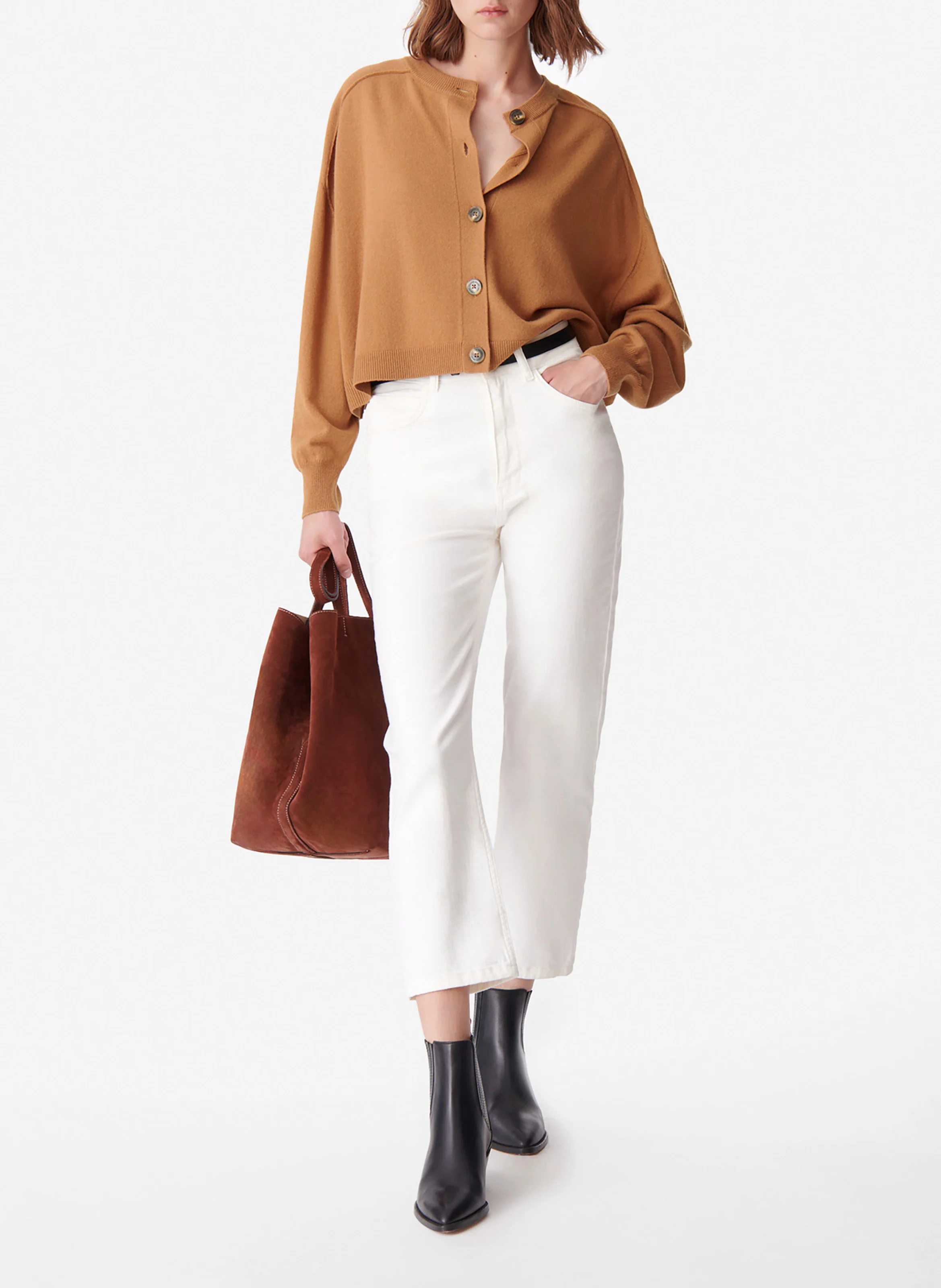 DOUVE - Cardigan col rond ample en laine | Marron