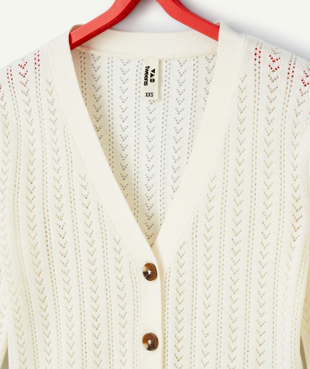 gilet ajouré fille en coton bio blanc col v